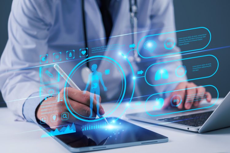 Digital medical interface with AI-driven clinical data visualisations over laboratory equipment