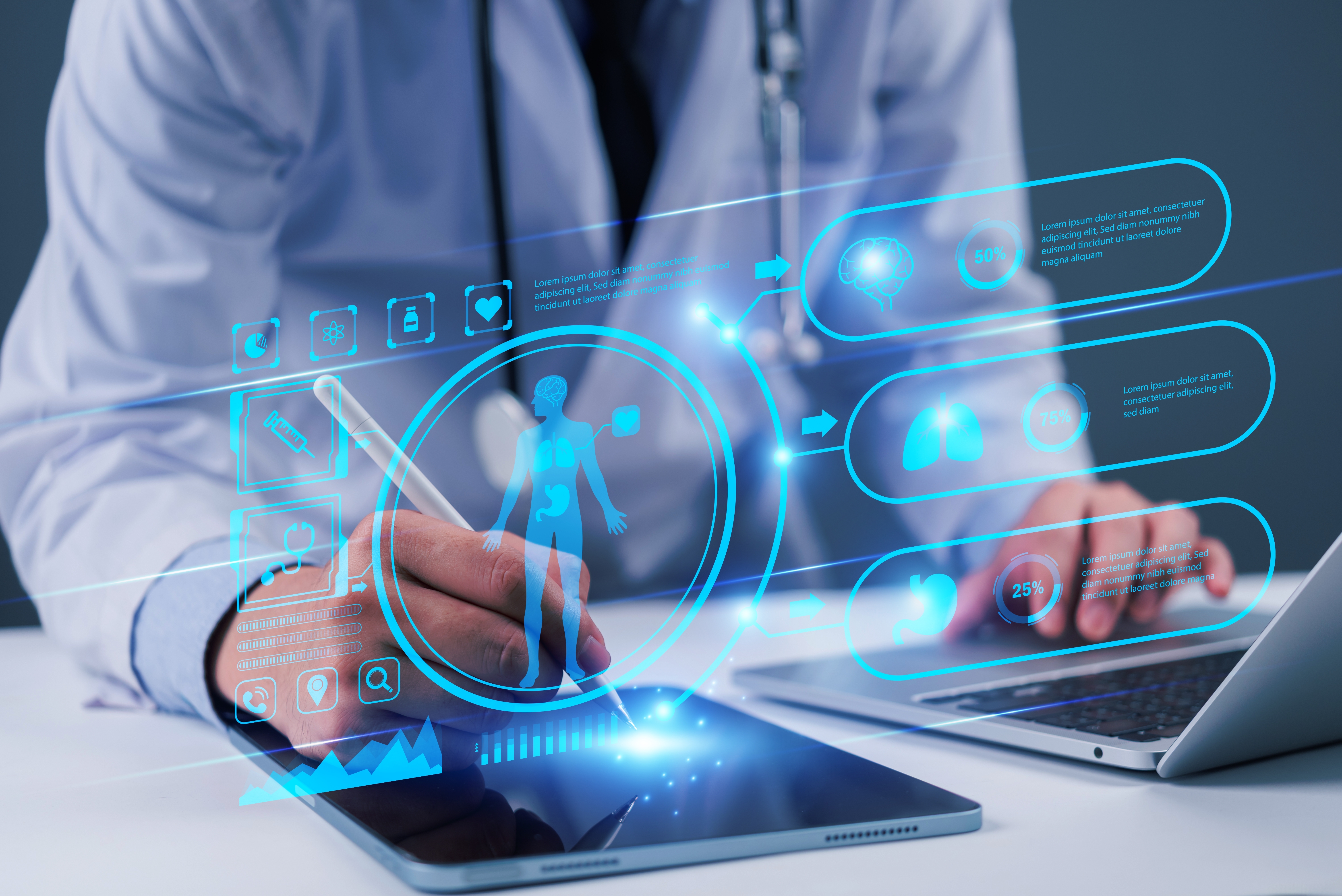 Digital medical interface with AI-driven clinical data visualisations over laboratory equipment