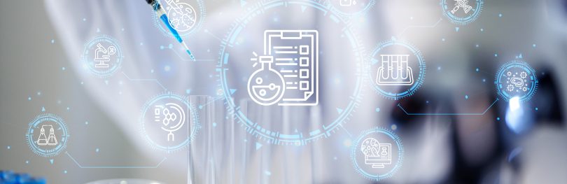 Scientist using a pipette to transfer blue liquid into test tubes, with digital workflow and data integration icons overlaid to represent AI-enabled laboratory systems.
