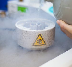 Scientist preparing samples for Cryo electron microscopy in liquid ethan under liquid nitrogen temperature.