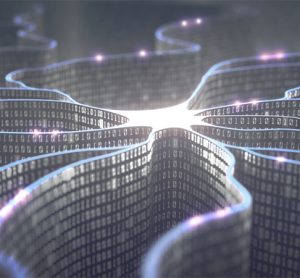 3D illustration. Artificial neuron in concept of A. Wall-shaped binary codes, transmission lines of pulses and/or information in an analogy to a microchip.