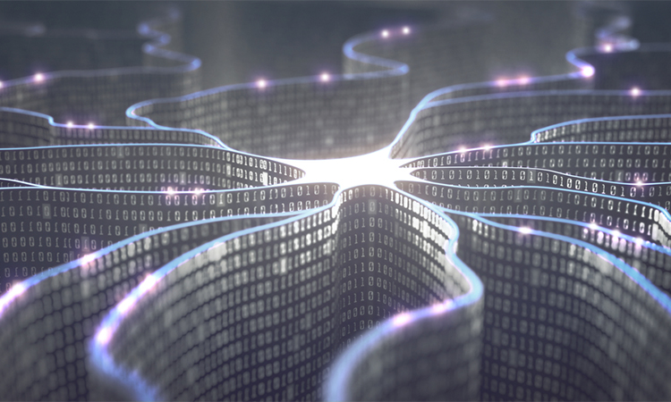 3D illustration. Artificial neuron in concept of A. Wall-shaped binary codes, transmission lines of pulses and/or information in an analogy to a microchip.