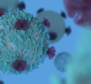 T Cell lymphocyte with receptors for cancer cell immunotherapy research 3D render