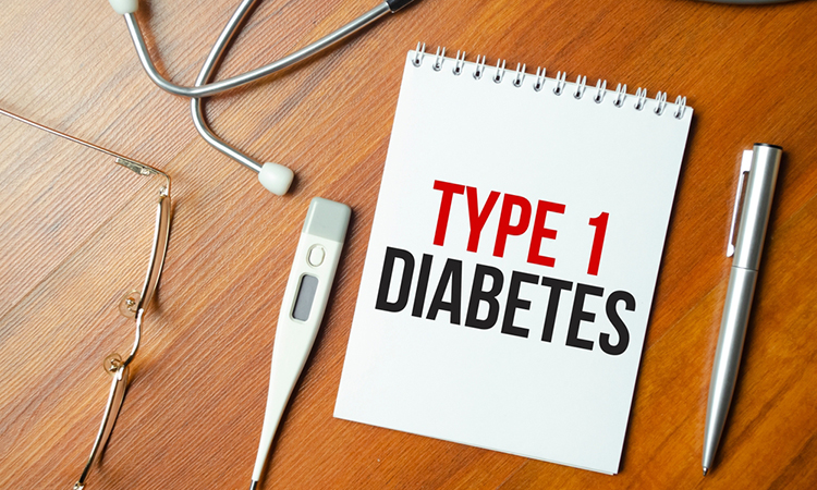 types 1 Diabetes. text on white paper in notebook near stethoscope