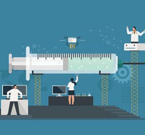 cartoon medical researcher team developing new vaccine together concept flat design