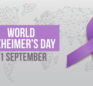 World Alzheimer's Day concept. Banner template with purple ribbon and text. Vector illustration.