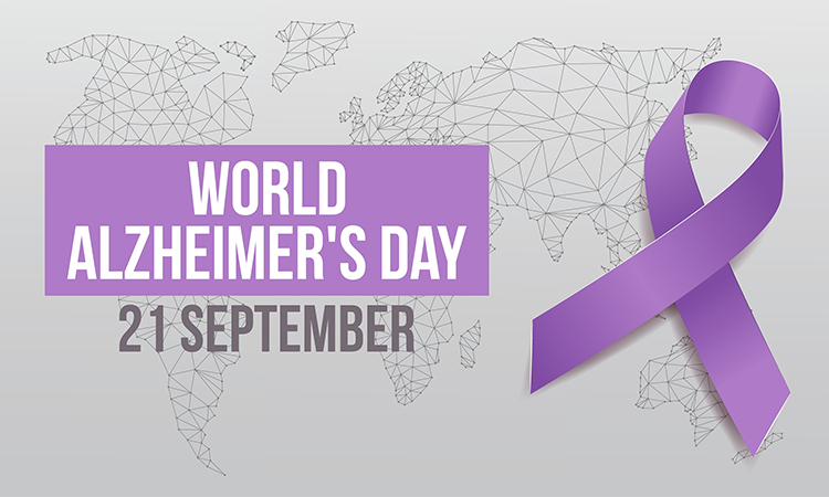 World Alzheimer's Day concept. Banner template with purple ribbon and text. Vector illustration.